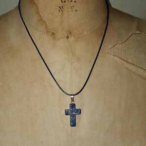 Sodalite Cross with cotton wax wire black necklace